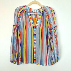 Tanya Taylor Illa Ruffle Colorful Stripe Silk Blouse Summer Multi 2 Whimsical